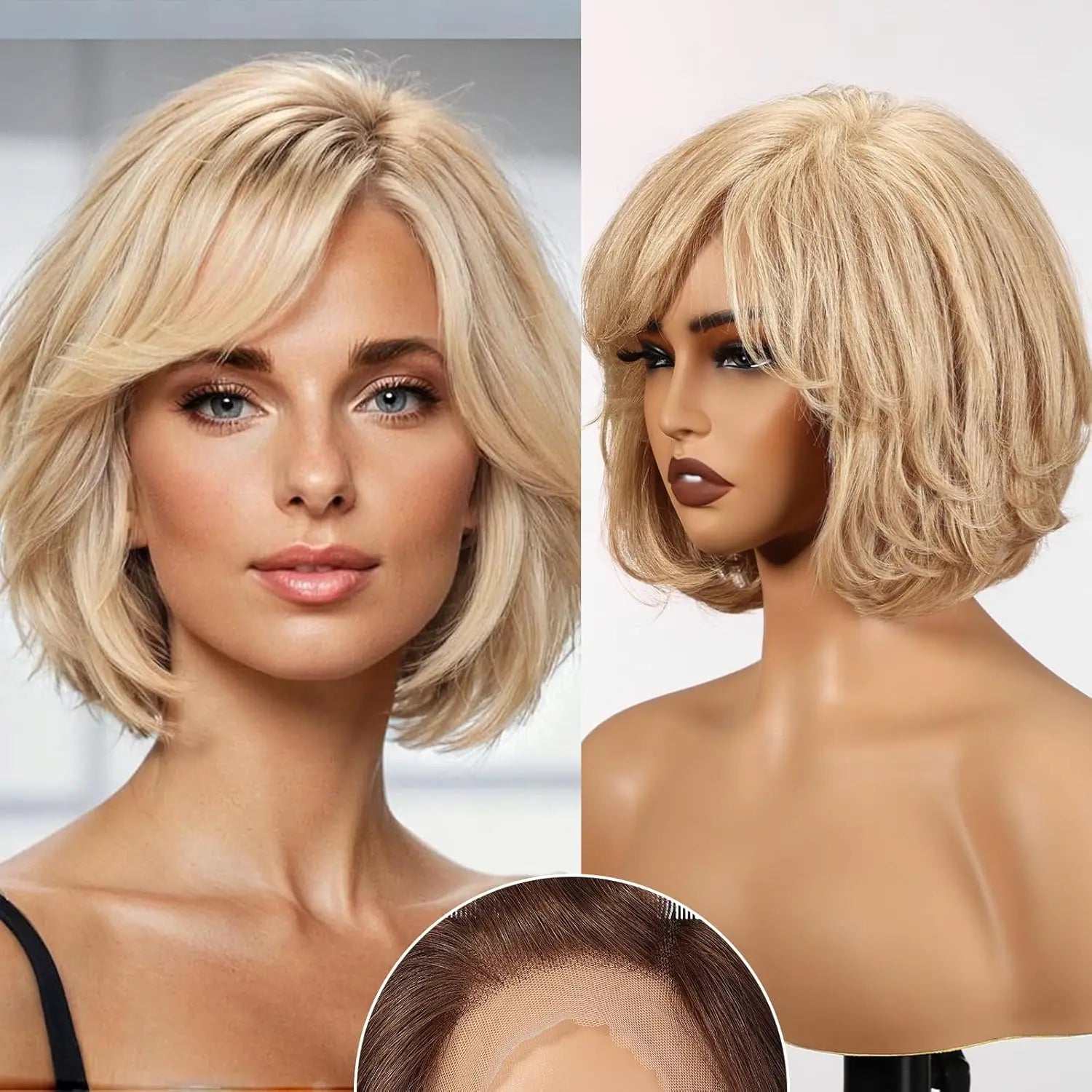 Kort Vågig Bob peruker med Lugg – Äkta Hår, HD Lace Front, Blonde Highlights, 5 nyanser