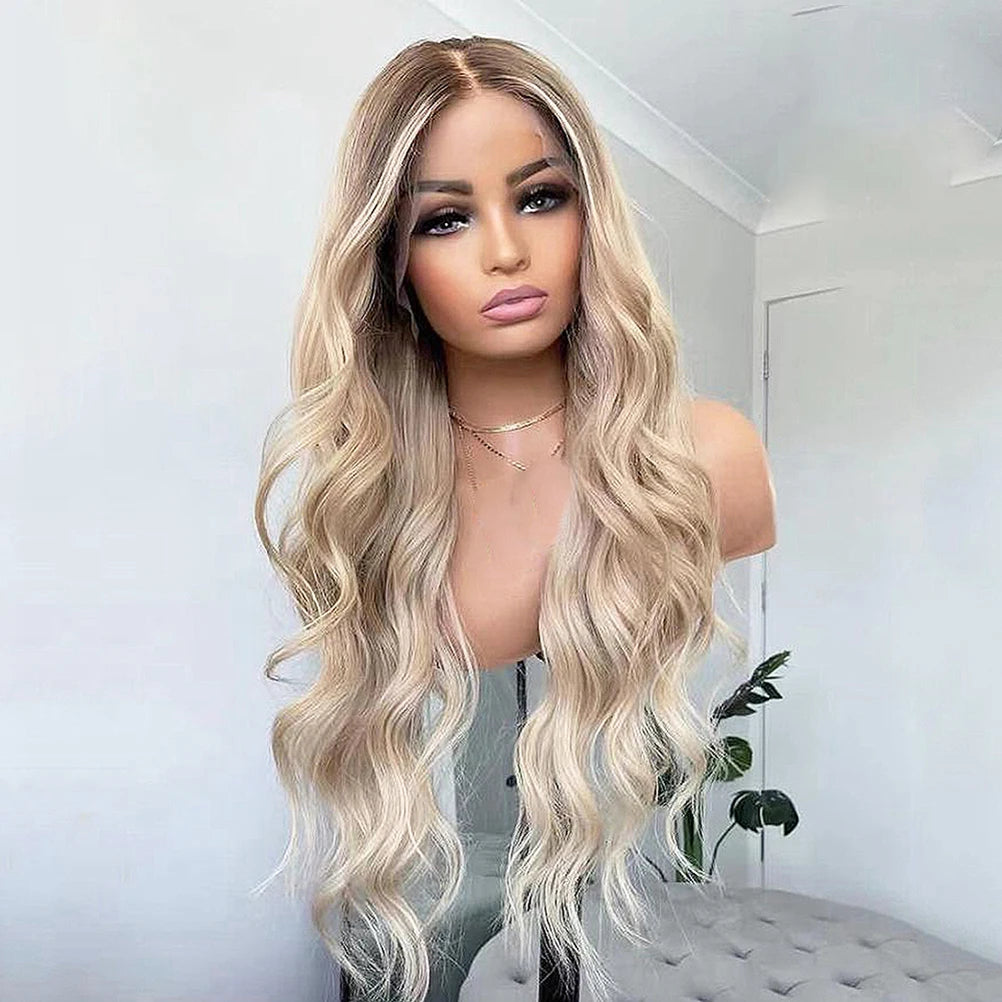 Ash Blonde Bruna Highlights Lace Front Peruk i Äkta Mänskligt Hår - Body Wave