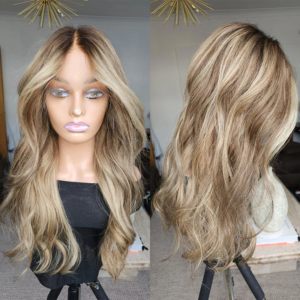 Varma blonda slingor mörk balayage Peruk