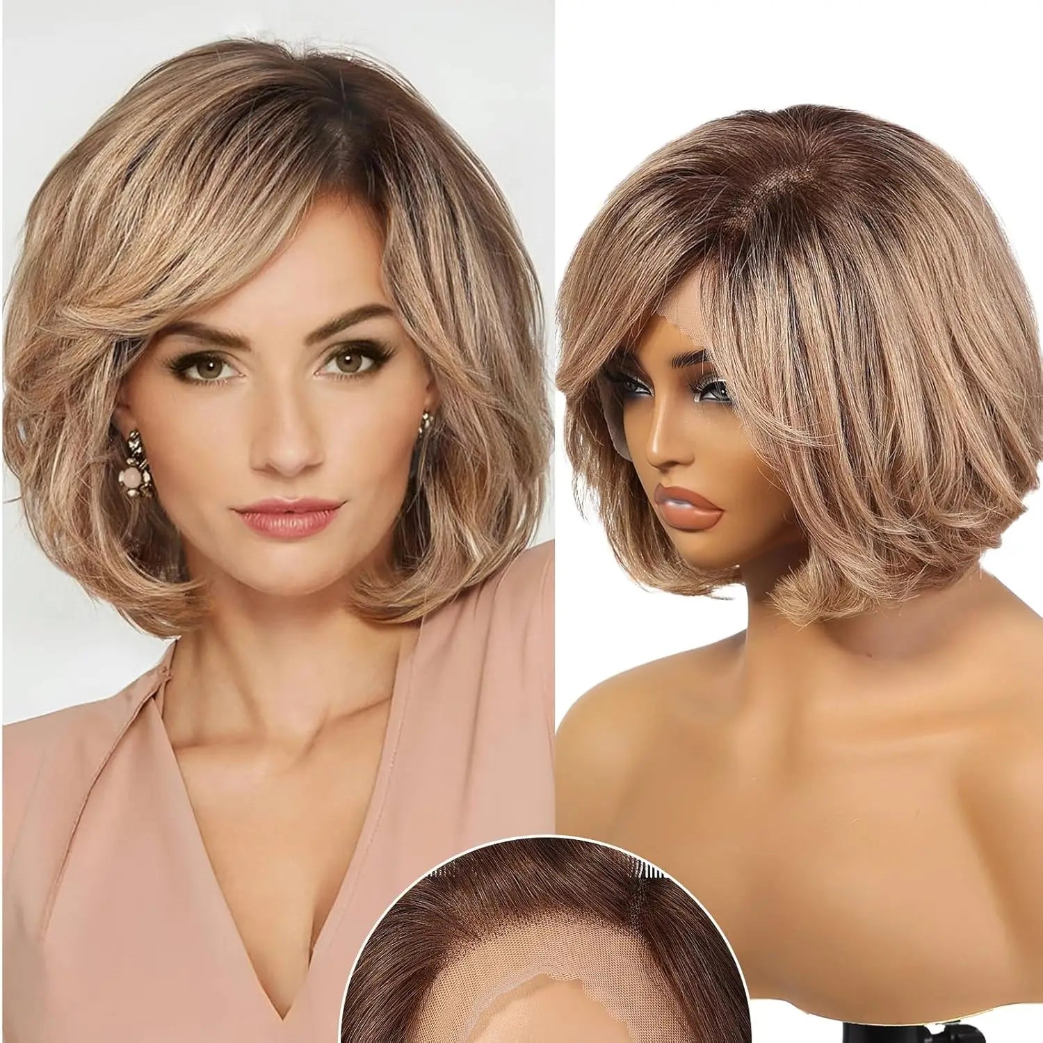 Kort Vågig Bob peruker med Lugg – Äkta Hår, HD Lace Front, Blonde Highlights, 5 nyanser