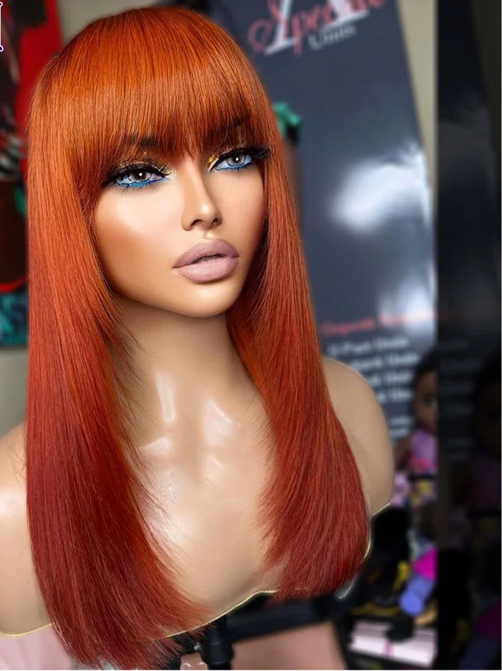 Ginger Red Bone Straight med lugg & Svart Rak Peruk med Lugg