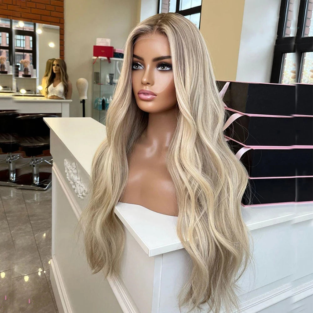 Lyxig Varm Blond Peruk Med  Naturliga Rötter och Lätt Vågigt Premium Human Hair, HD Lace Front