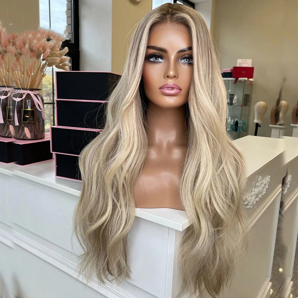 Lyxig Varm Blond Peruk Med  Naturliga Rötter och Lätt Vågigt Premium Human Hair, HD Lace Front
