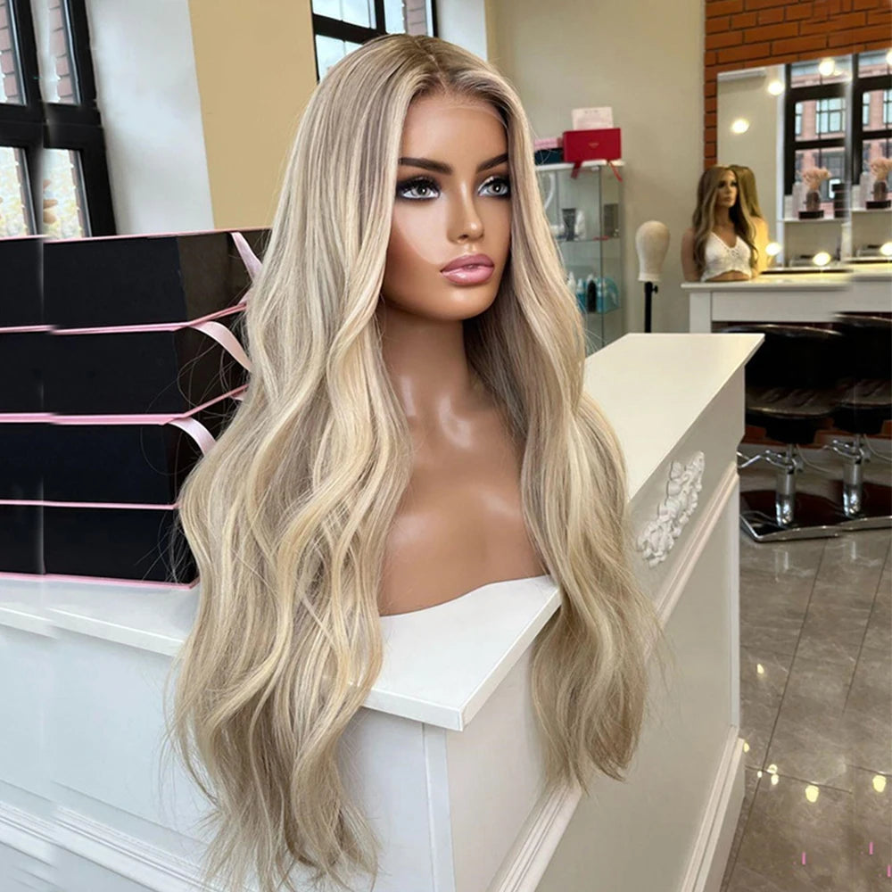 Lyxig Varm Blond Peruk Med  Naturliga Rötter och Lätt Vågigt Premium Human Hair, HD Lace Front