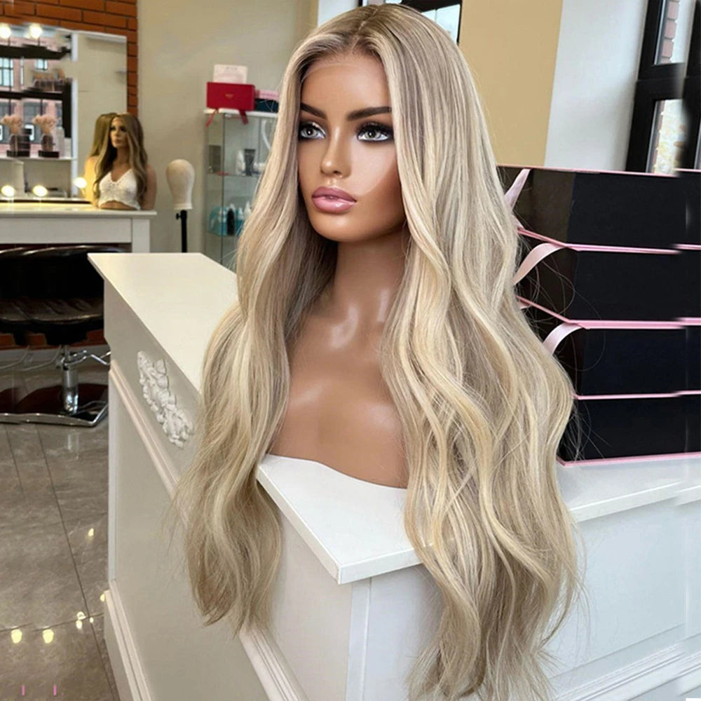 Lyxig Varm Blond Peruk Med  Naturliga Rötter och Lätt Vågigt Premium Human Hair, HD Lace Front